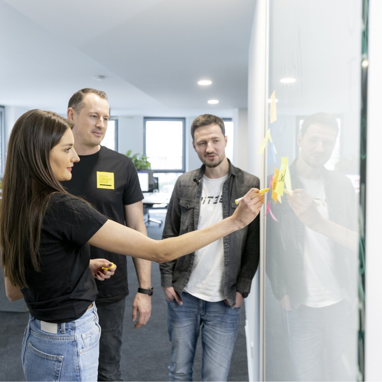 3 Personen arbeiten an einem Whiteboard